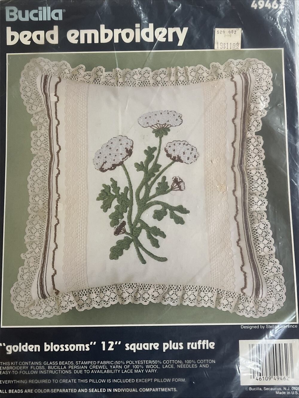 Vintage Bucilla Golden Blossom Bead Embroidery 12" Crewel Pillow Kit